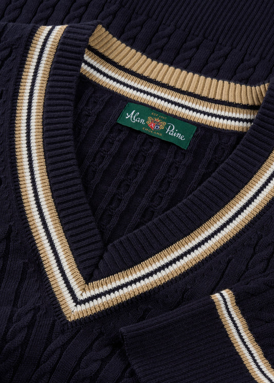 Ladies Cotton Cable Knit Cricket Jumper in Navy