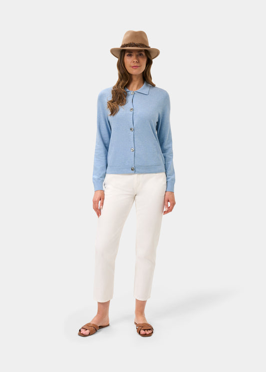 Ladies Cotton Cashmere Collared Cardigan in Light Blue