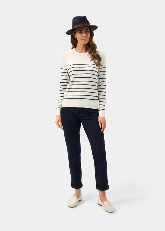 Ladies Cotton Cashmere Crew Neck Jumper in Cream and Brown