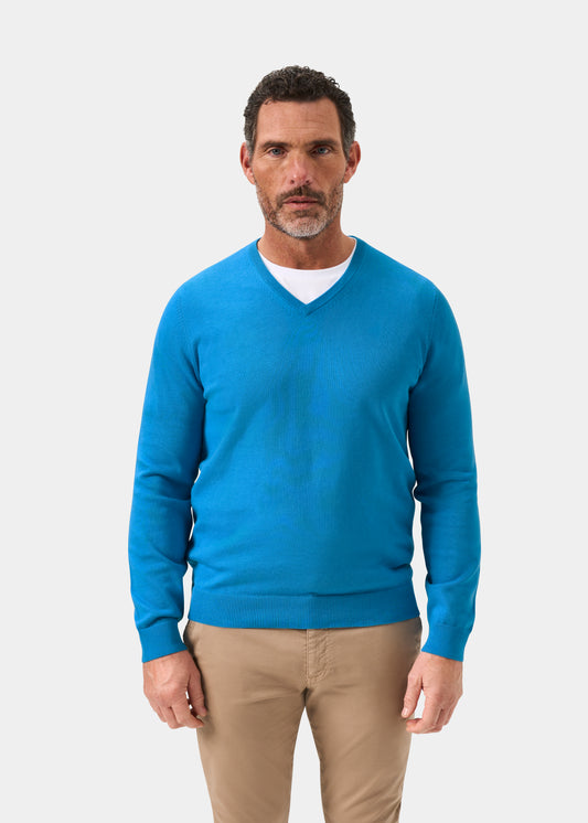 Men's Cotton Cashmere Vee Neck Jumper in Blue