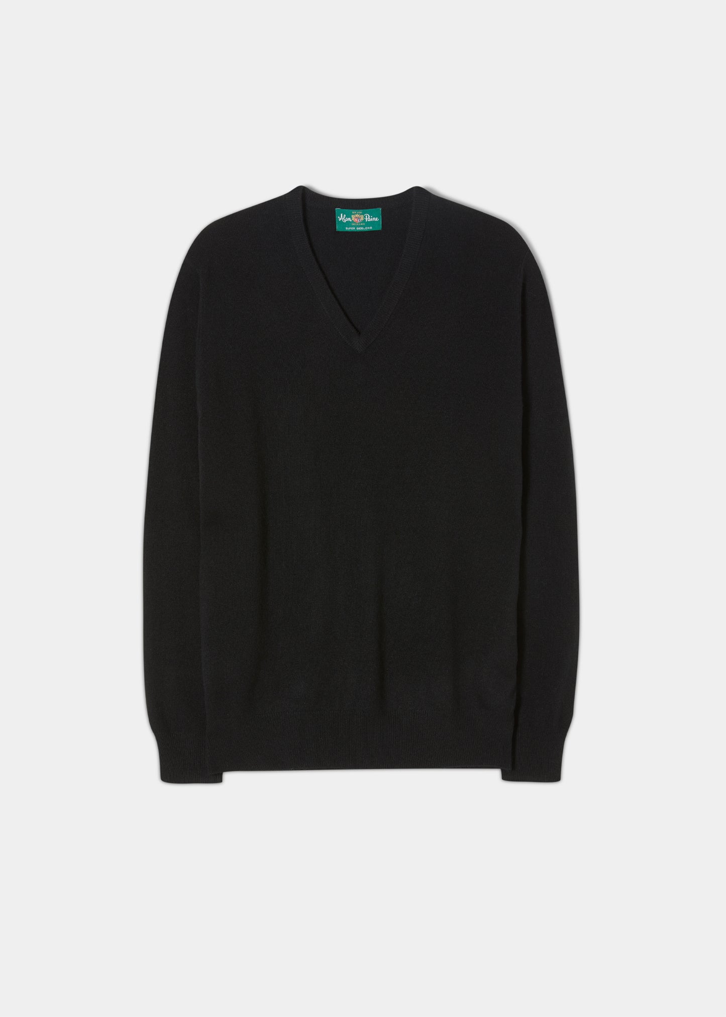 Geelong wool V neck jumper in black.