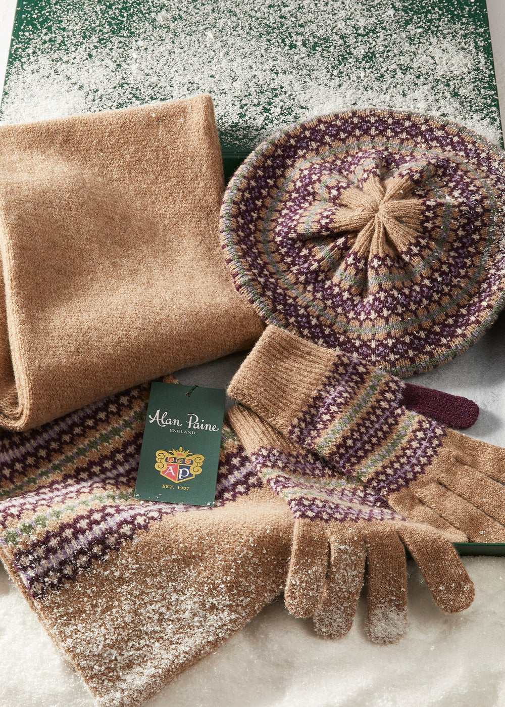 Imogen Ladies Knitted Wool Beret, Gloves and Scarf Set In Pecan