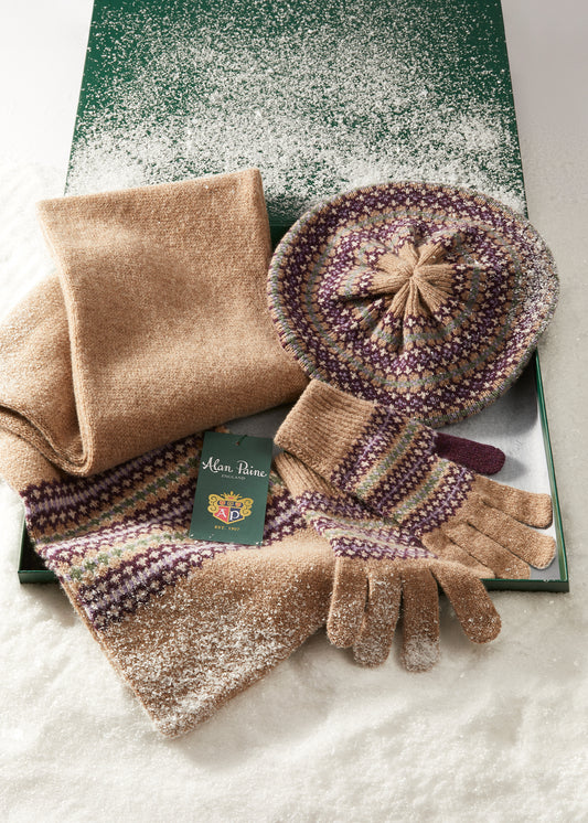 Imogen Ladies Knitted Wool Beret, Gloves and Scarf Set In Pecan