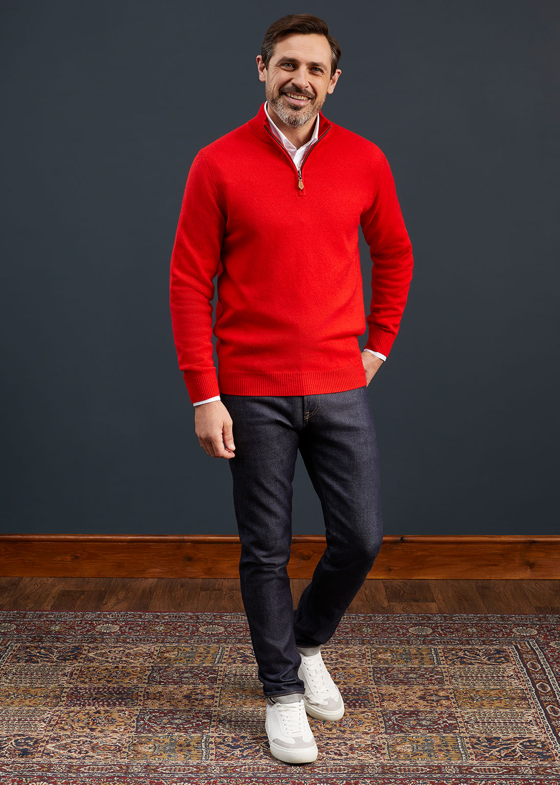 Men's Lambswool 1/4 Zip Jumper in Tartan Scarlet