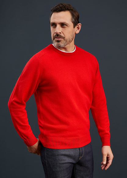 Men's Lambswool Crew Neck Jumper in Tartan Scarlet