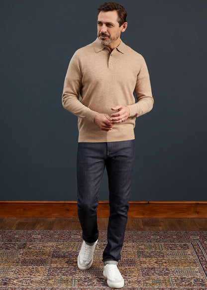 Men's Geelong Lambswool Long Sleeve Polo Shirt in Beige