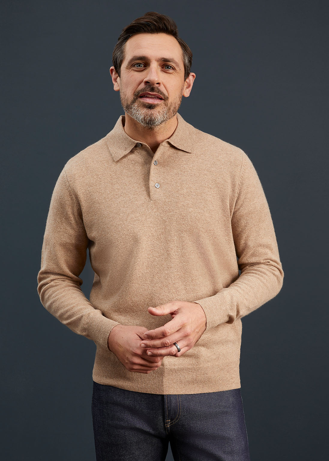 Men's Geelong Lambswool Long Sleeve Polo Shirt in Beige