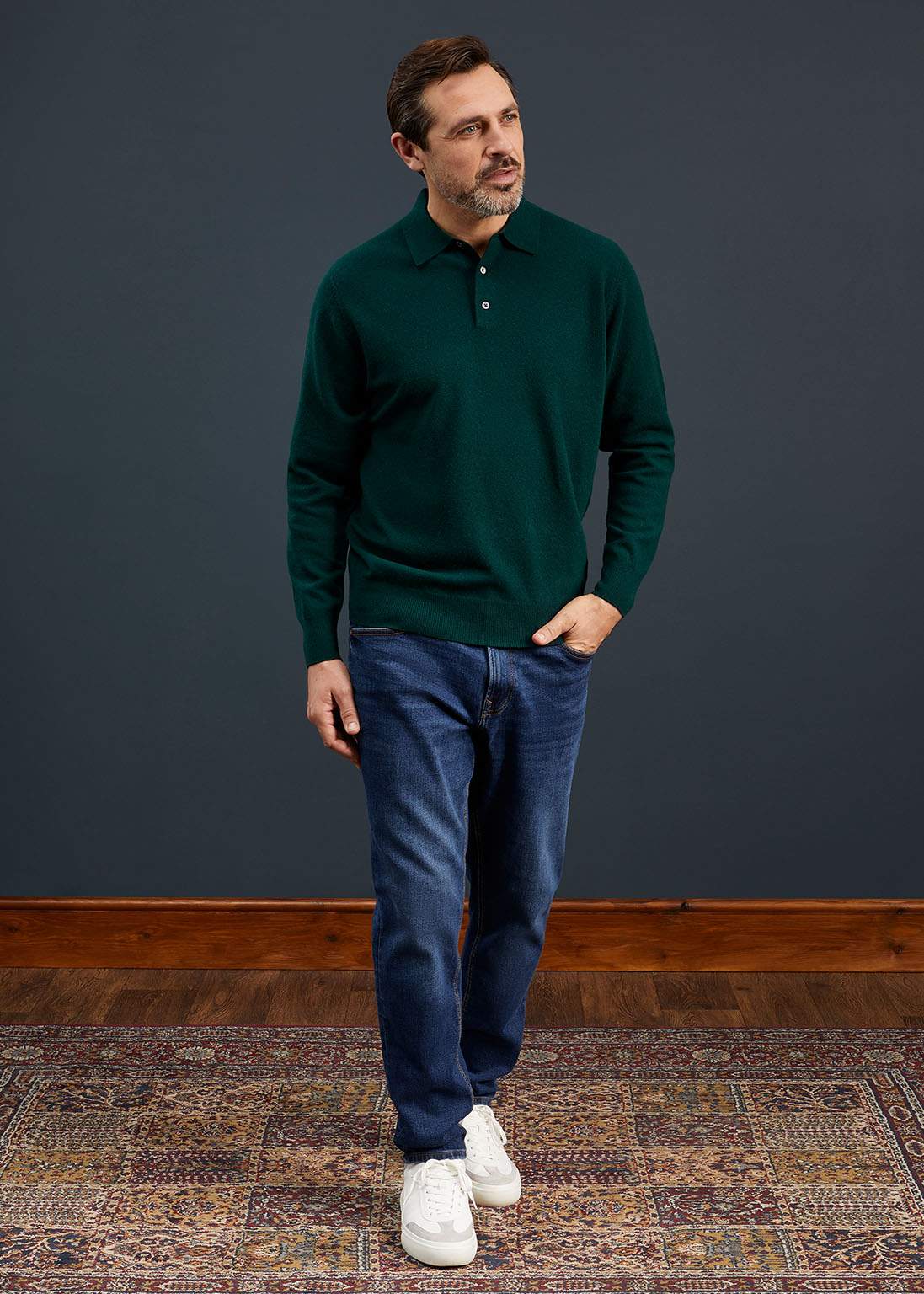 Men's Geelong Lambswool Long Sleeve Polo Shirt in Dark Olive