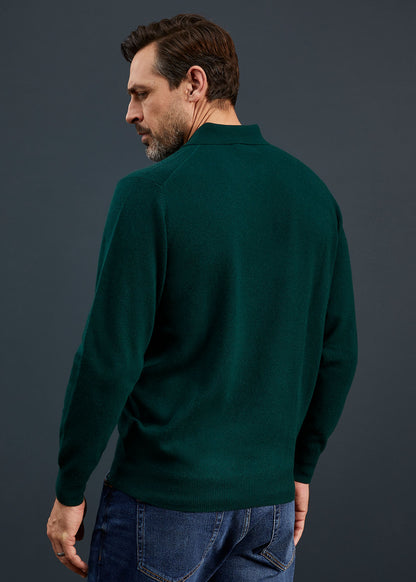 Men's Geelong Lambswool Long Sleeve Polo Shirt in Dark Olive