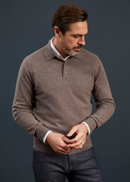 Men's Geelong Lambswool Long Sleeve Polo Shirt in Tobacco