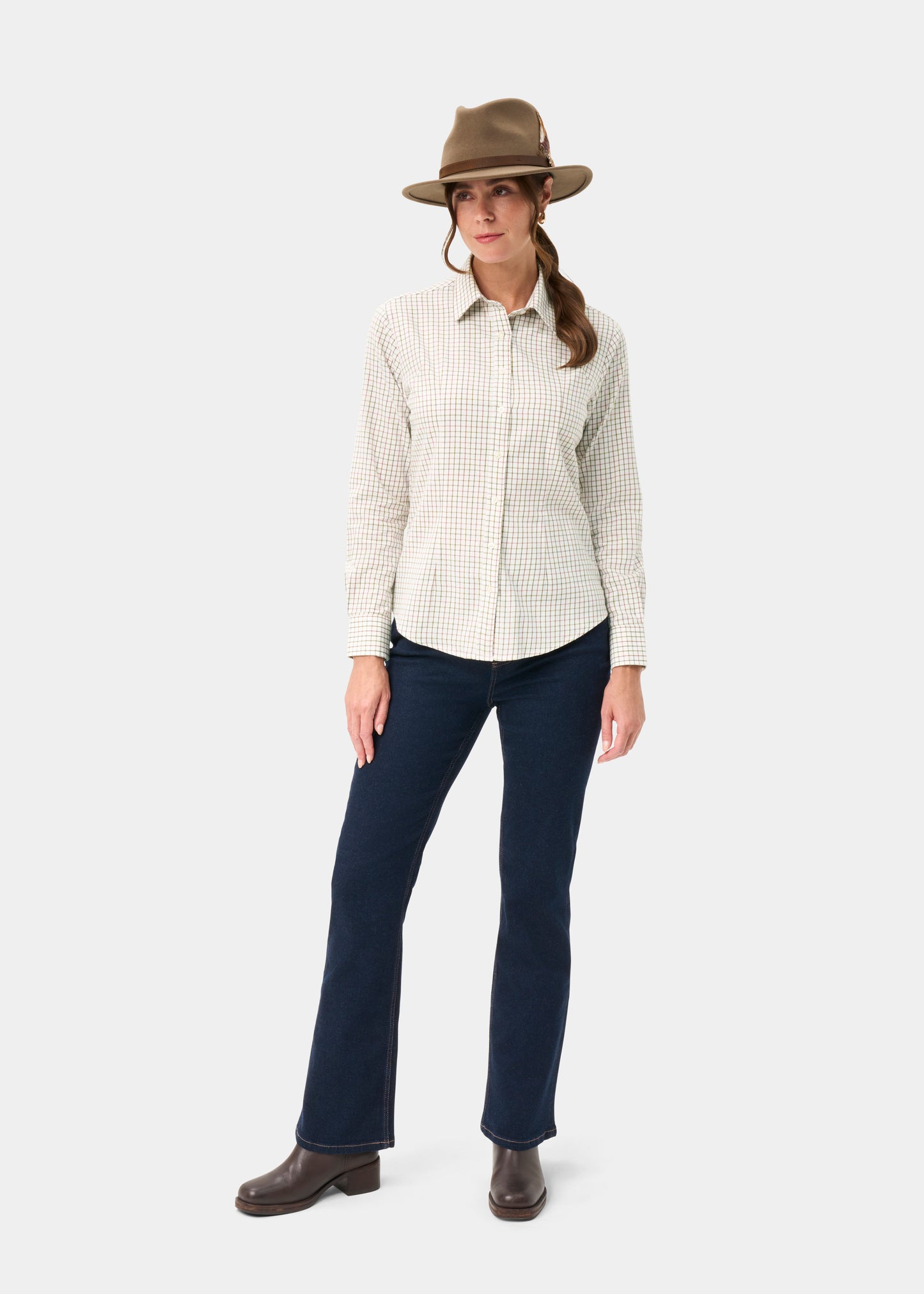Bromford Ladies Cotton Shirt In Olive Check - Regular Fit