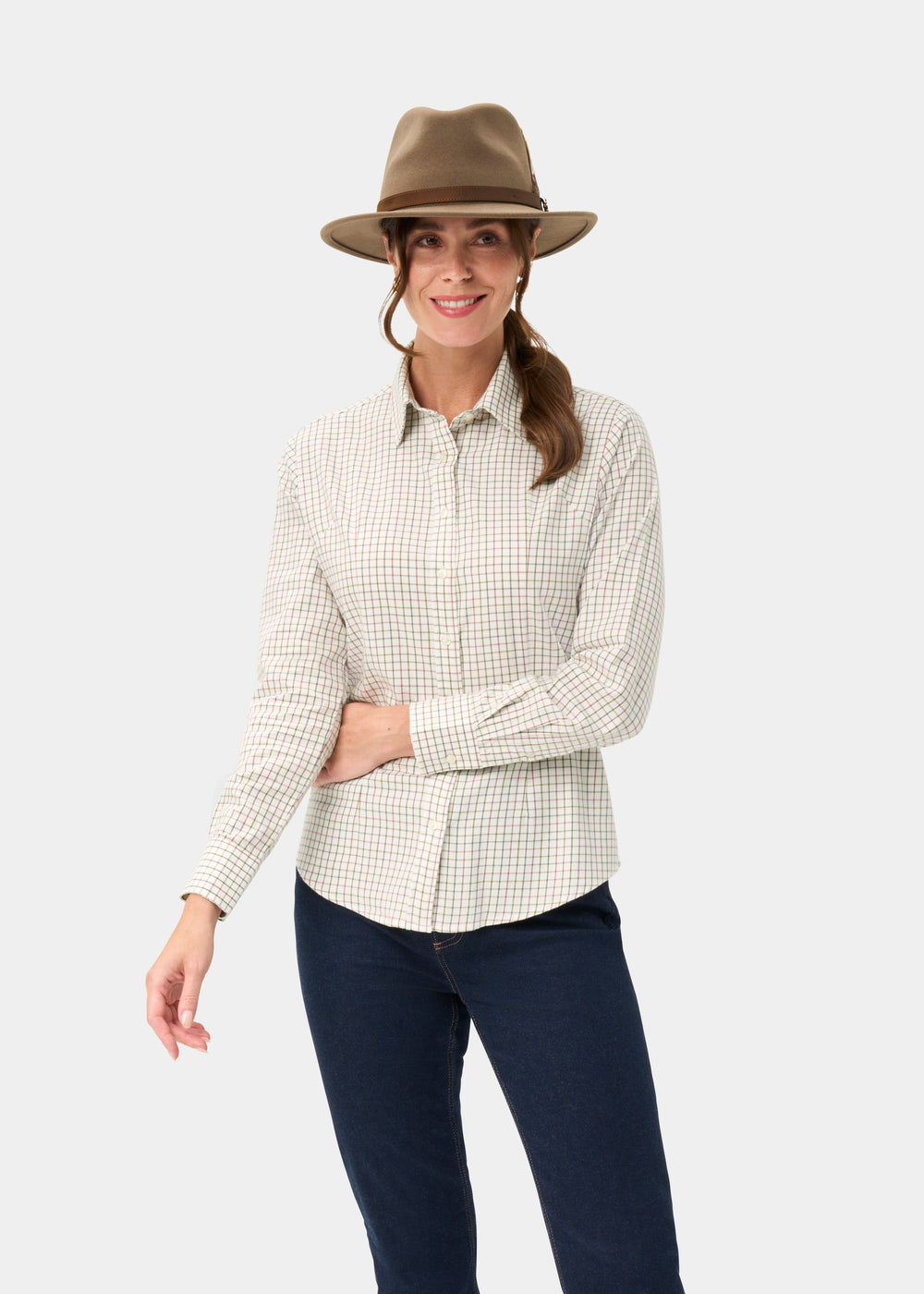 Bromford Ladies Cotton Shirt In Olive Check - Regular Fit