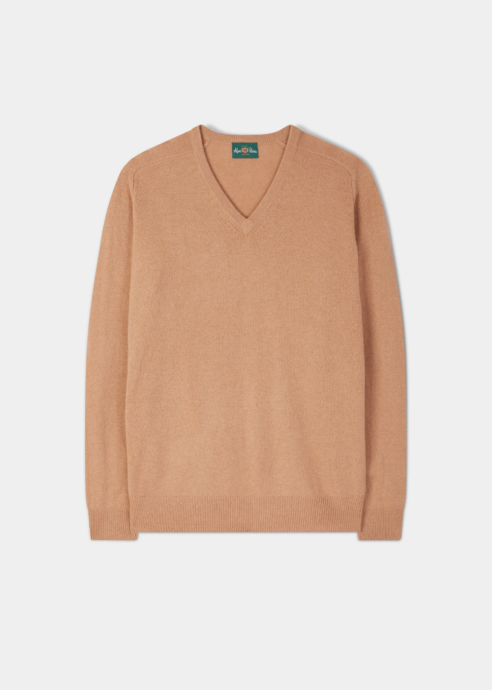 Hampshire Lambswool Vee Neck Jumper in Camel, classic fit, shown flat on a plain white background.