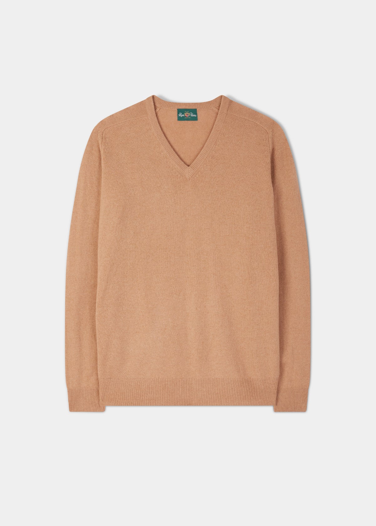 Hampshire Lambswool Vee Neck Jumper in Camel, classic fit, shown flat on a plain white background.