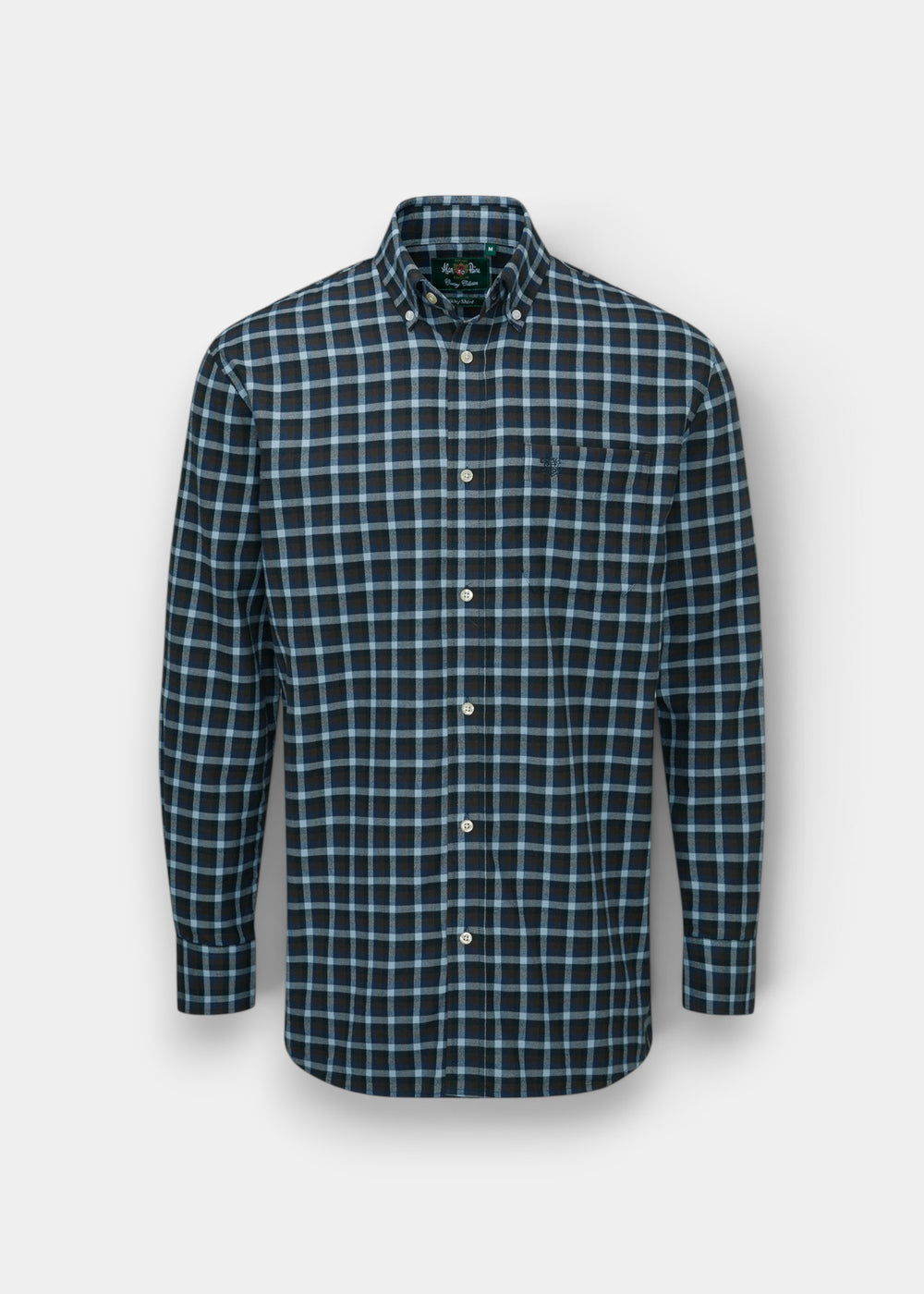 Ilkley Cotton Flannel Check Shirt in Blue and Brown, shooting fit, with button-down collar and single chest pocket.