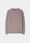 Kilsyth Lambswool Vee Neck Jumper in Vole, regular fit, long sleeves, laid flat on a white background.