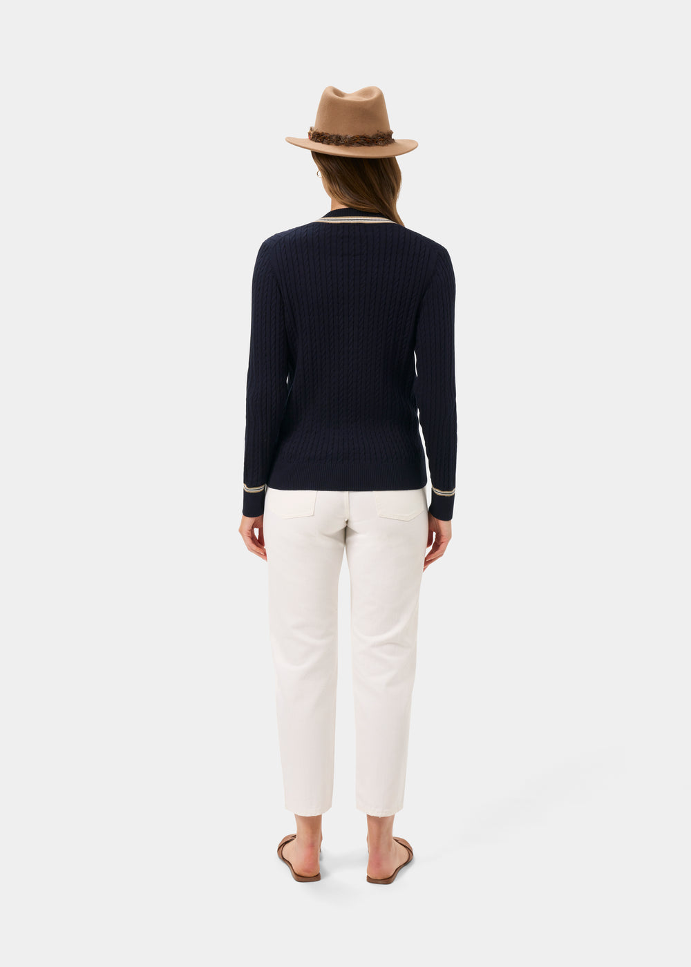 Ladies Cotton Cable Knit Cricket Jumper in Navy