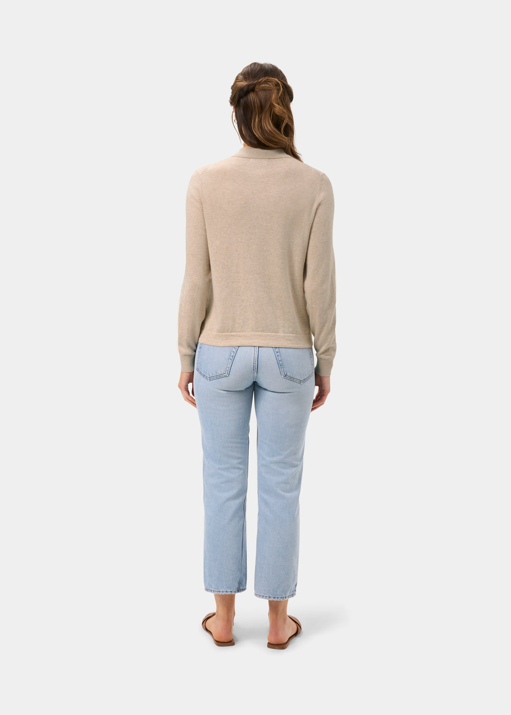 Ladies Cotton Cashmere Collared Cardigan in Beige