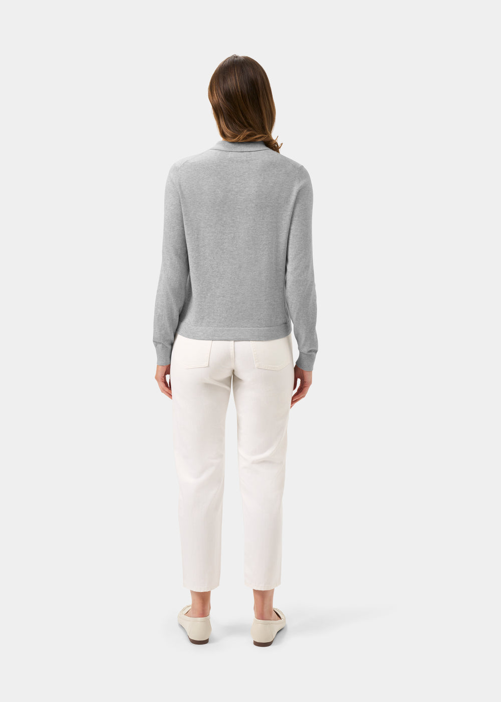 Ladies Cotton Cashmere Collared Cardigan in Light Grey