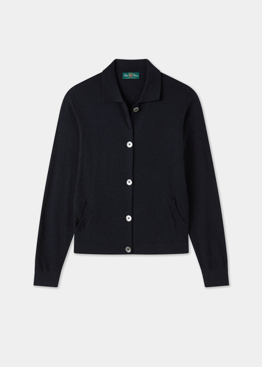 Ladies Cotton Cashmere Collared Cardigan in Navy