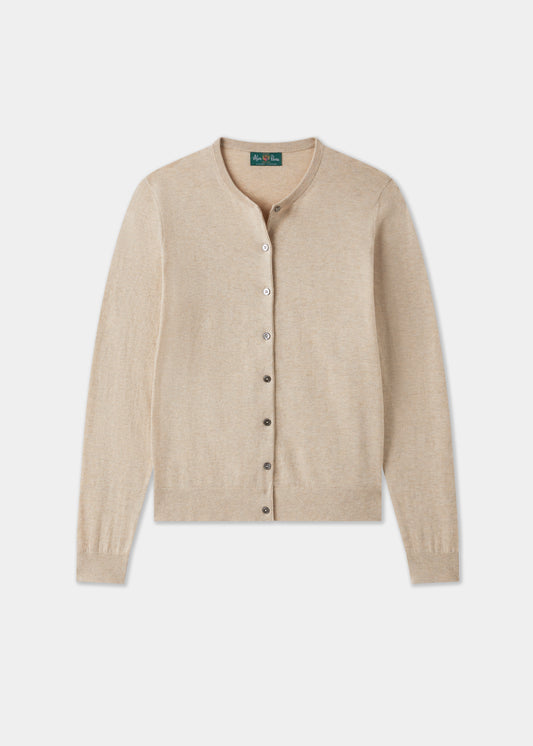 Ladies Cotton Cashmere Crew Neck Cardigan in Beige