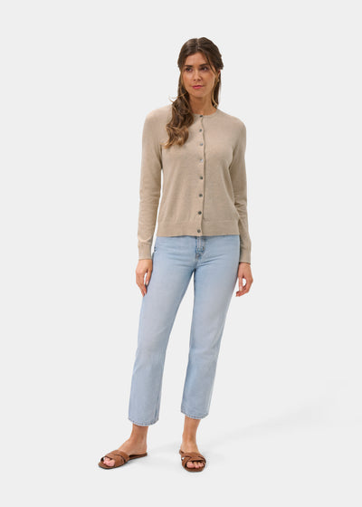Ladies Cotton Cashmere Crew Neck Cardigan in Beige