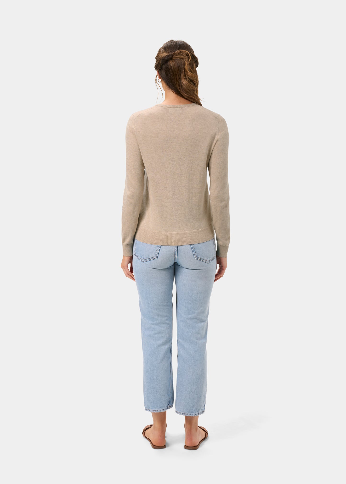 Ladies Cotton Cashmere Crew Neck Cardigan in Beige