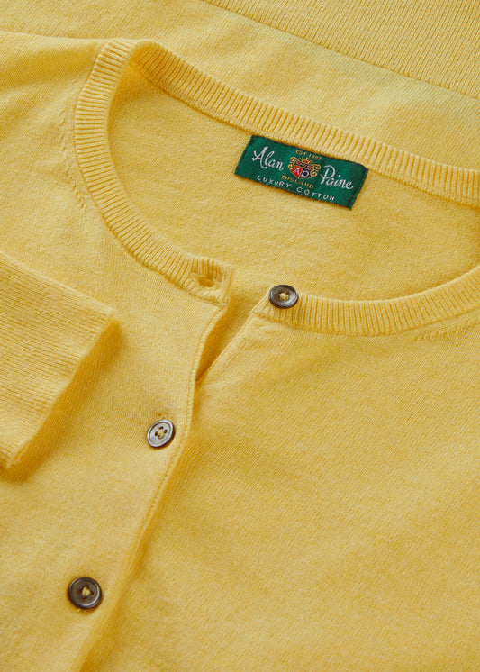 Ladies Cotton Cashmere Crew Neck Cardigan in Yellow