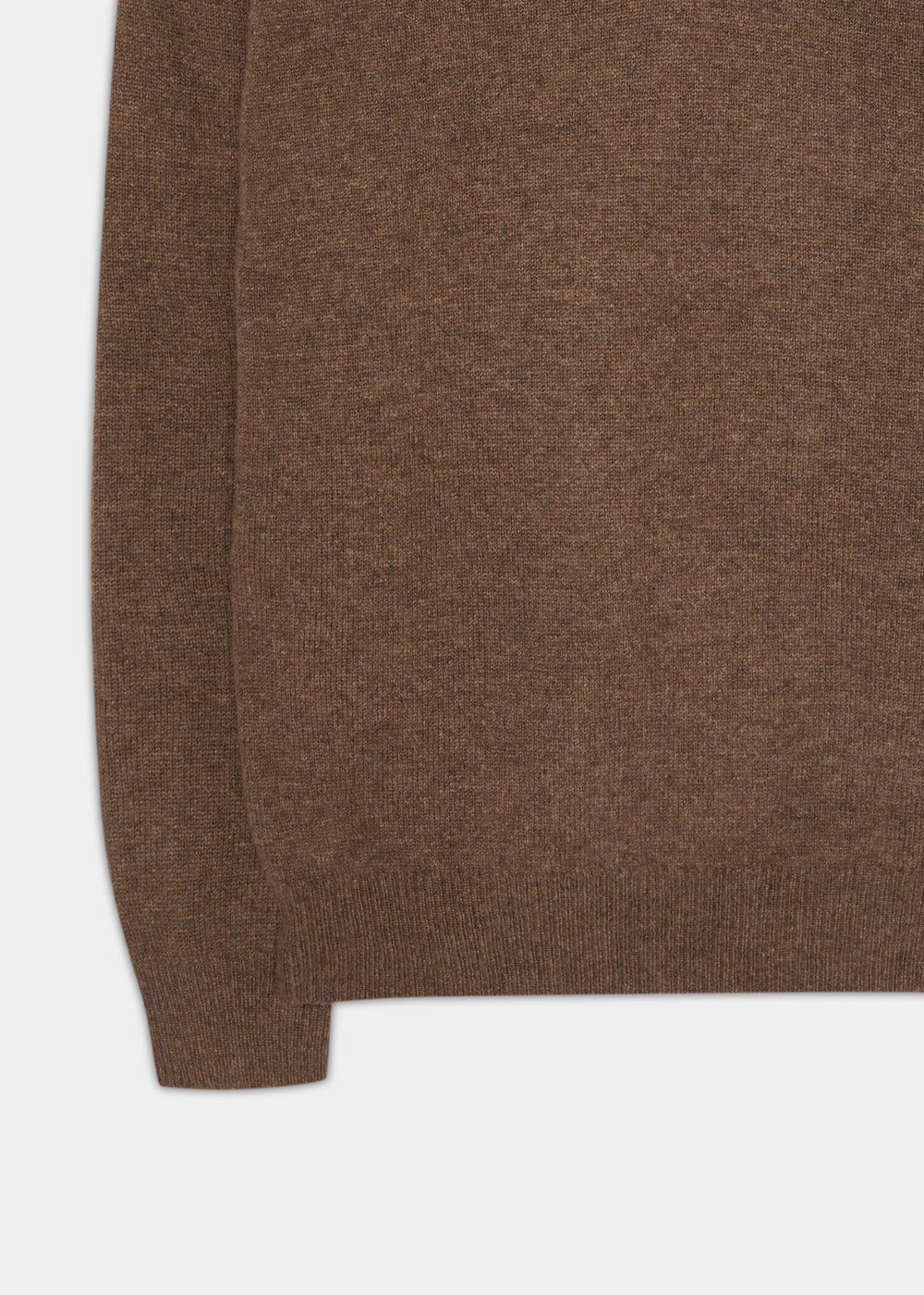 Close-up of the Kilsyth Lambswool V-Neck Jumper in Tobacco, highlighting its texture and left long sleeve.