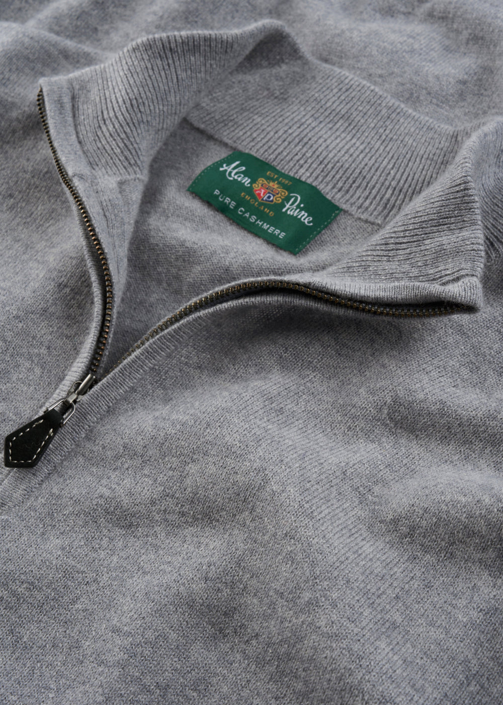 Hanbury Pure Cashmere 1/4 zip jumper in light grey mix, regular fit, with green Alan Paine label.