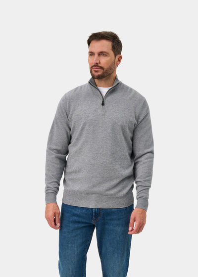 Hanbury Cashmere Zipped Mock Neck Jumper in Light Grey Mix - Regular Fit