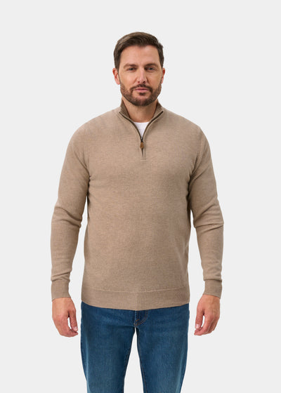 Hanbury Cashmere Zipped Mock Neck Jumper in Linen - Regular Fit