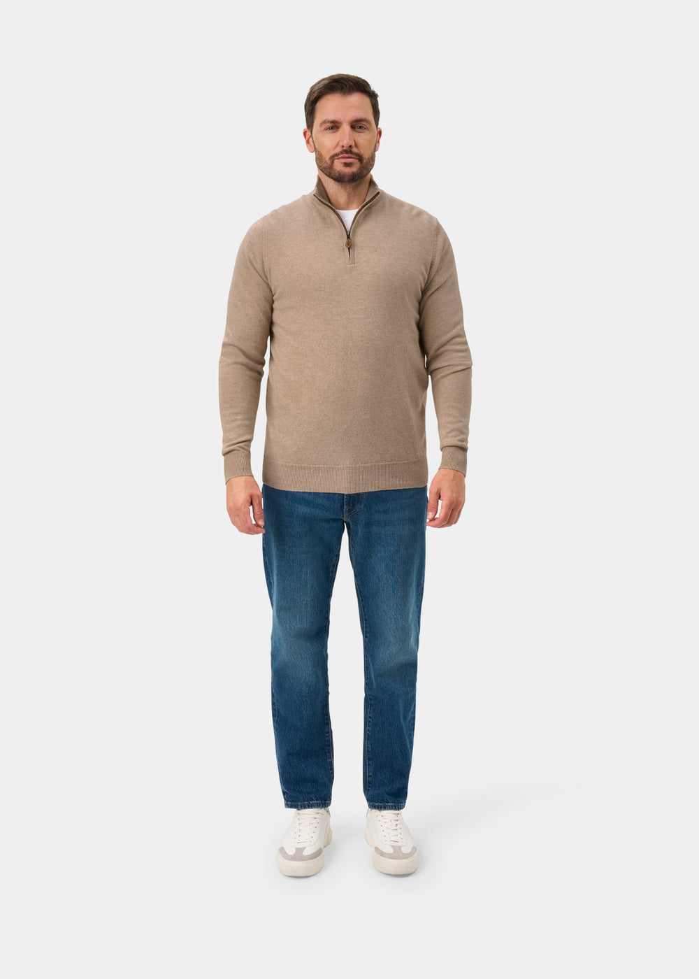 Hanbury Cashmere Zipped Mock Neck Jumper in Linen - Regular Fit