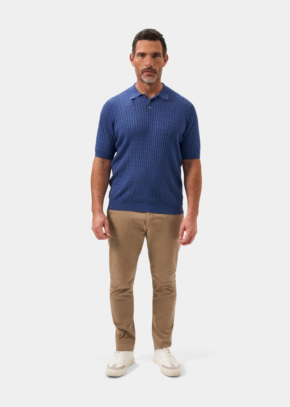 Men's Cotton Cable Polo Shirt in Blue
