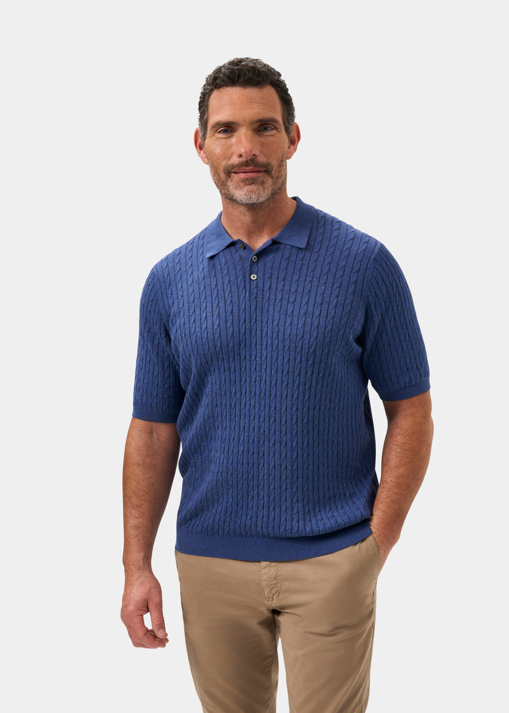 Men's Cotton Cable Polo Shirt in Blue