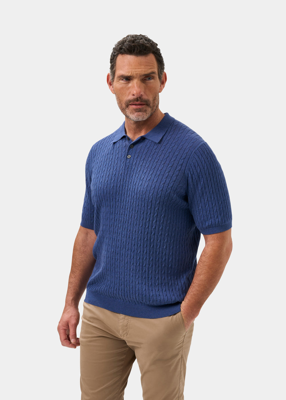 Men's Cotton Cable Polo Shirt in Blue