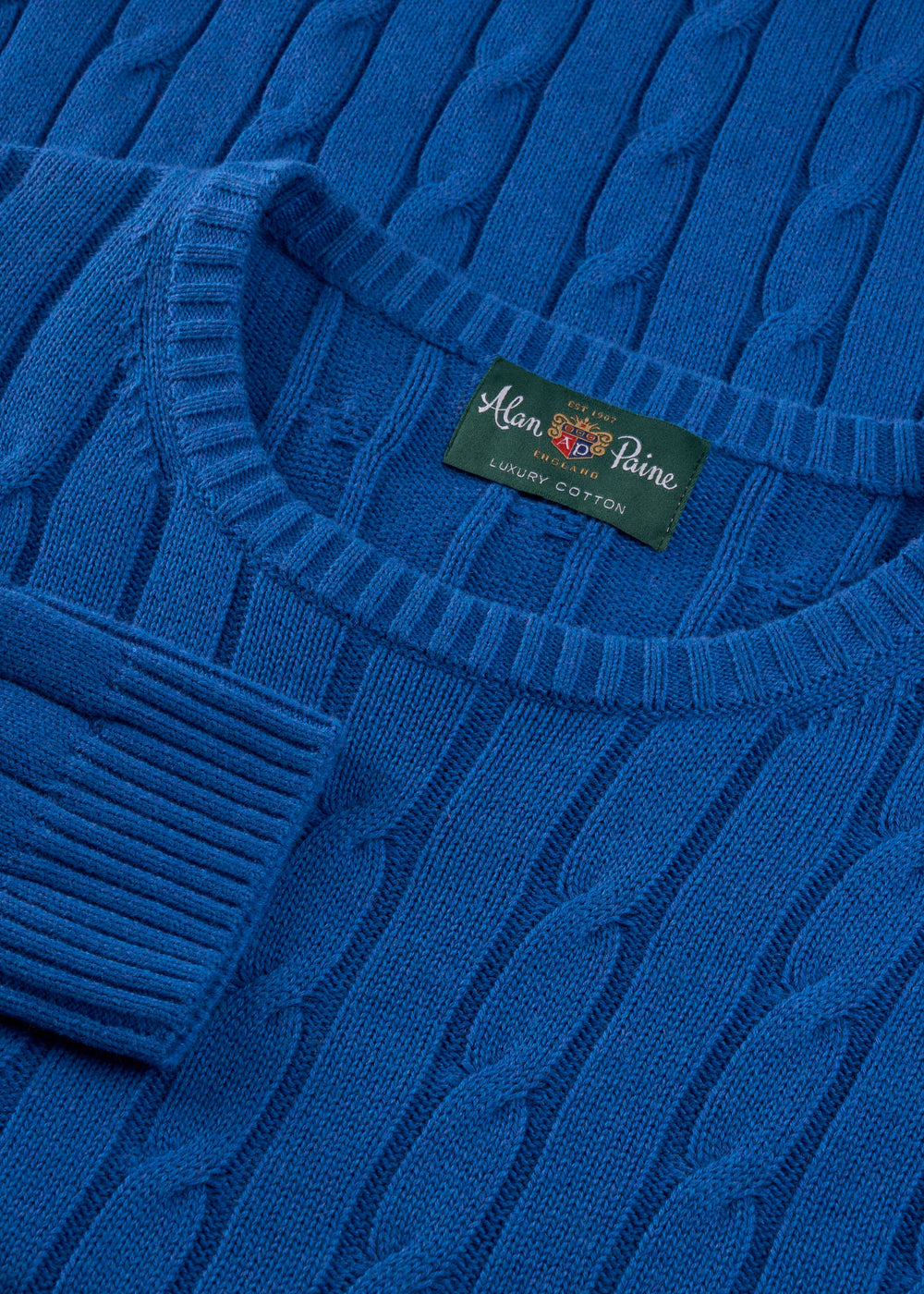 Honley Cotton Cashmere Cable Knit Crew Neck Jumper in Regatta, regular fit. Classic Alan Paine summer style.