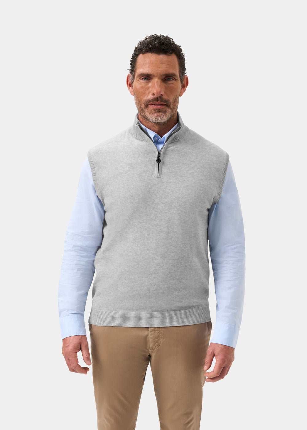 Men's Cotton Cashmere Quarter Zip Gilet in Light Grey