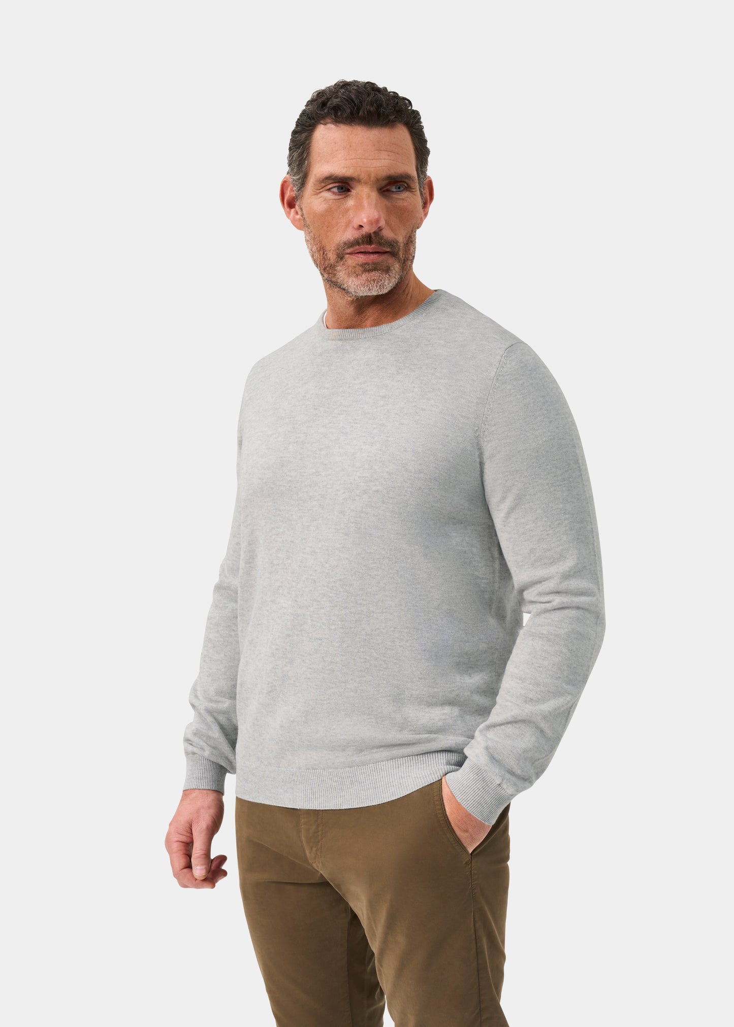 Men's Cotton Cashmere Crew Neck Jumper in Light Grey
