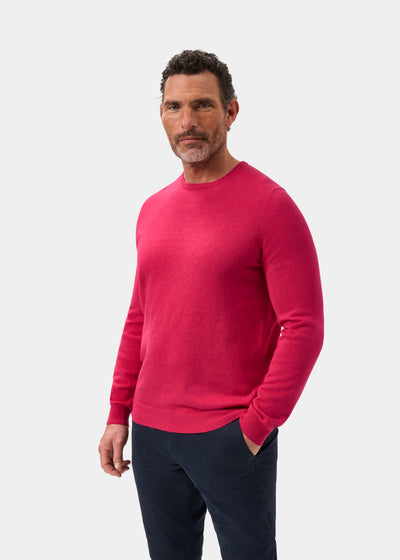 Men's Cotton Cashmere Crew Neck Jumper in Raspberry Red