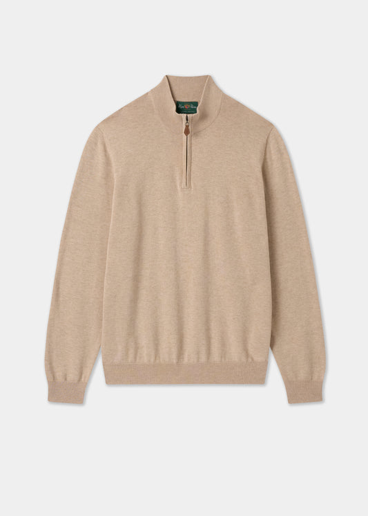 Mens Cotton Cashmere Quarter Zip Jumper in Beige