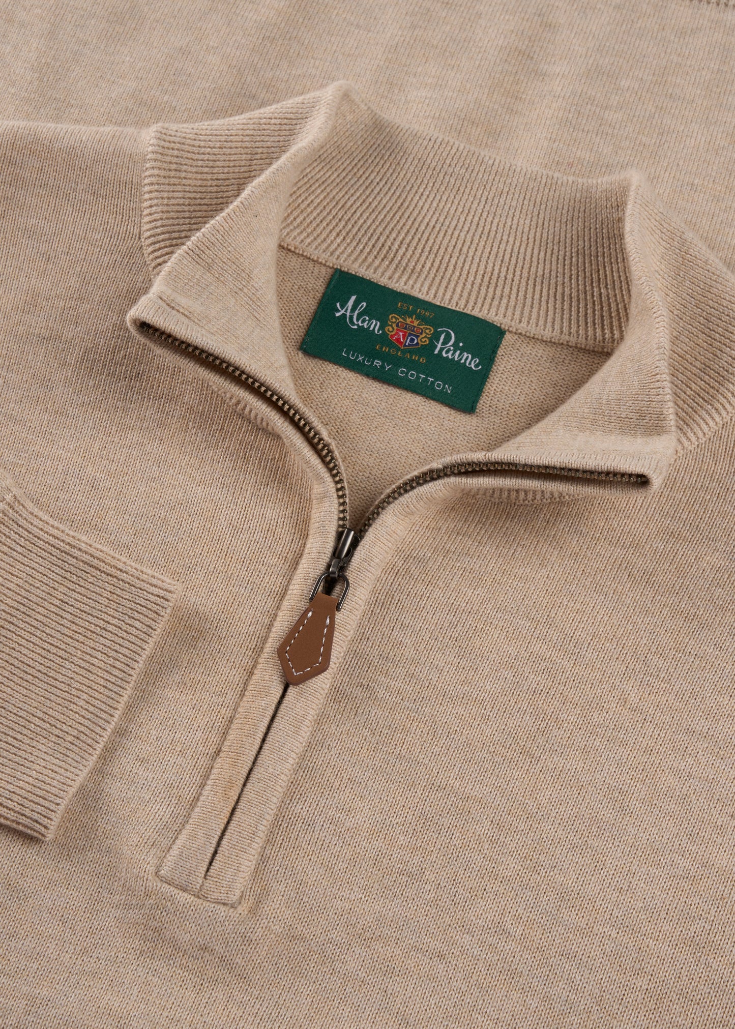 Mens Cotton Cashmere Quarter Zip Jumper in Beige