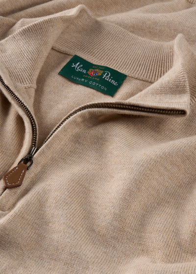 Mens Cotton Cashmere Quarter Zip Jumper in Beige