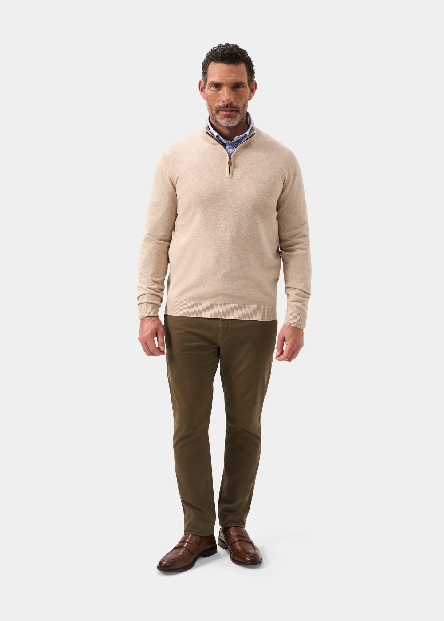 Mens Cotton Cashmere Quarter Zip Jumper in Beige