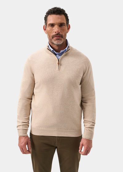 Mens Cotton Cashmere Quarter Zip Jumper in Beige