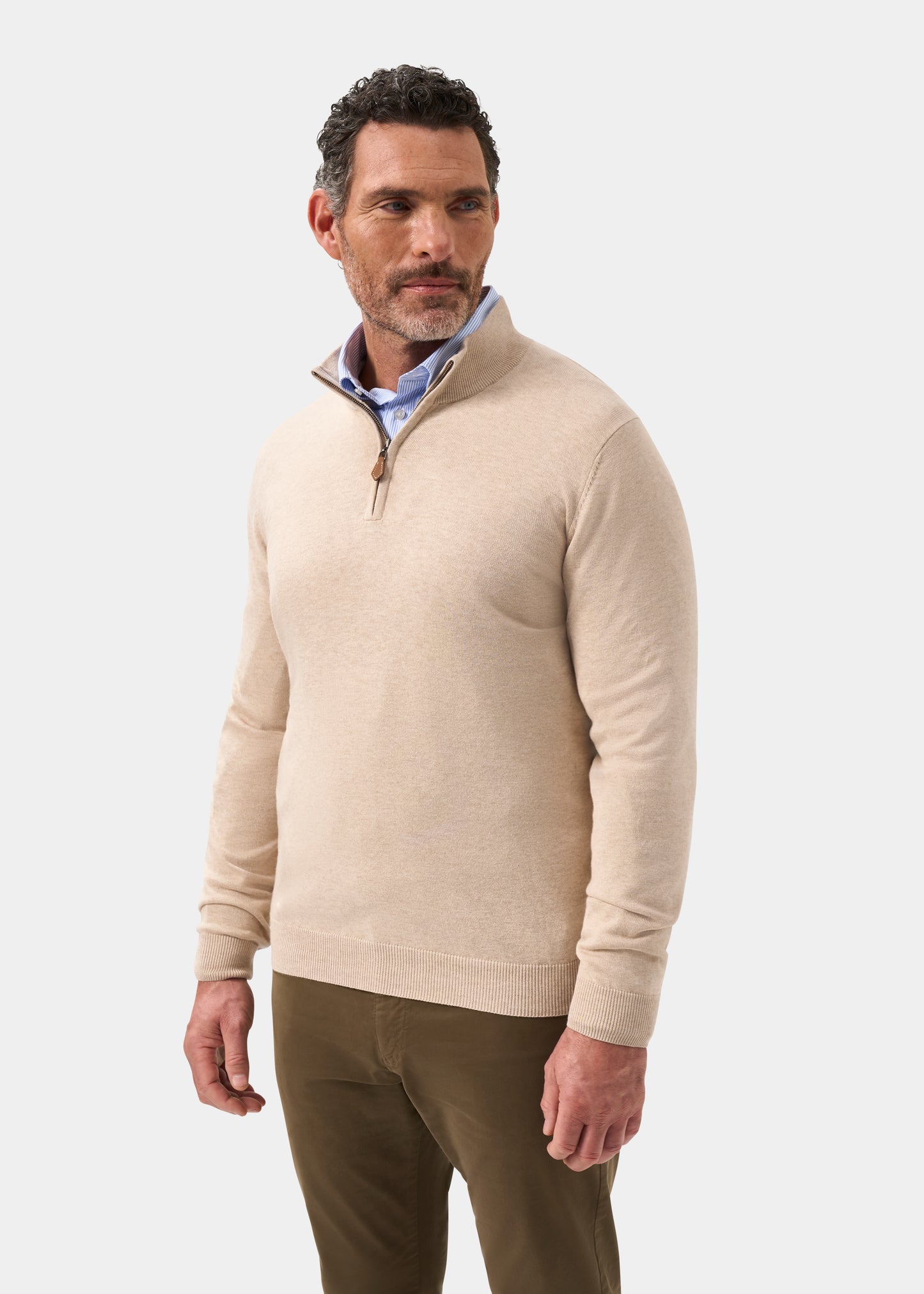 Mens Cotton Cashmere Quarter Zip Jumper in Beige