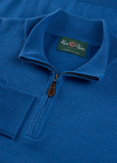 Mens Cotton Cashmere Quarter Zip Jumper in Blue