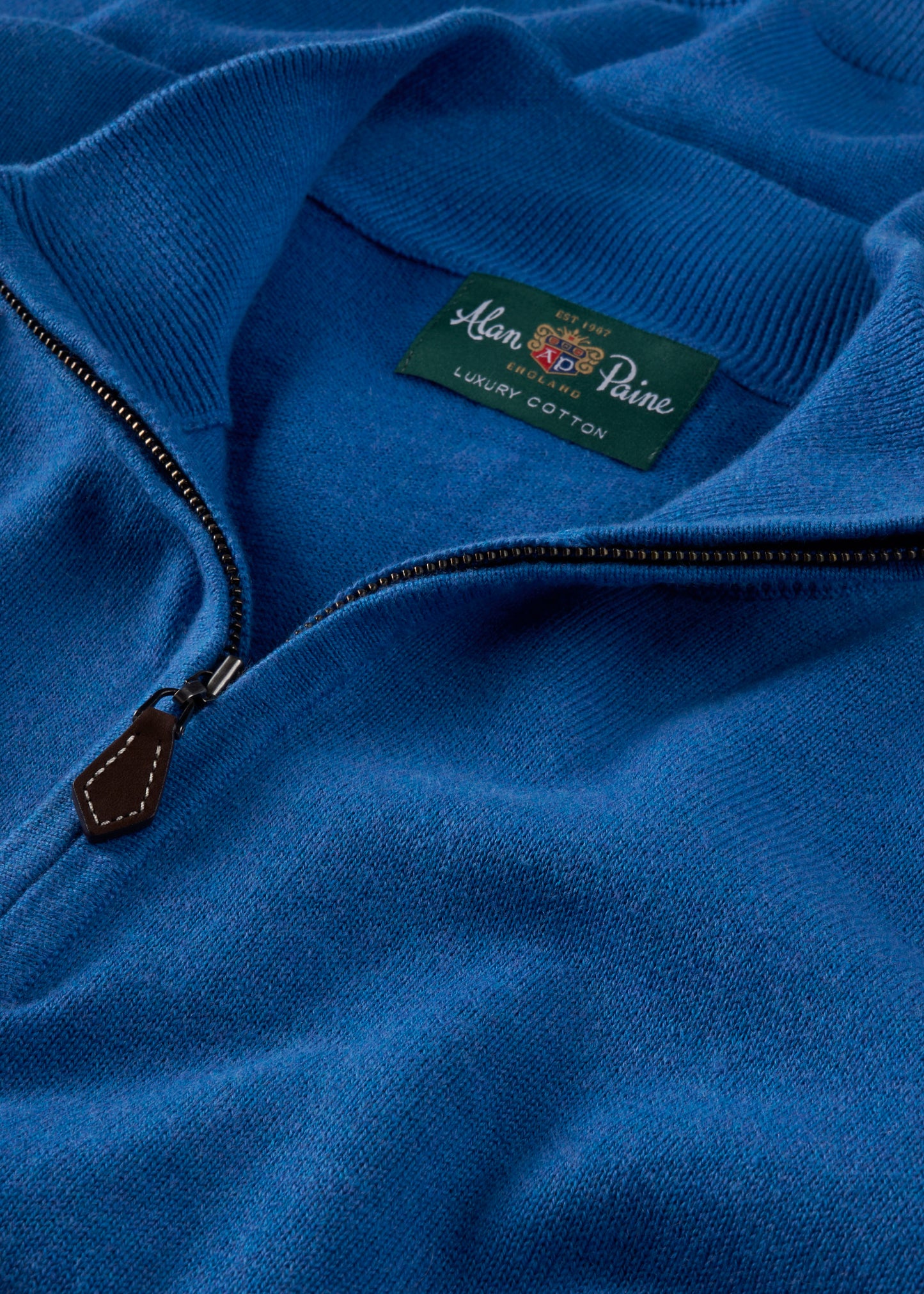 Mens Cotton Cashmere Quarter Zip Jumper in Blue