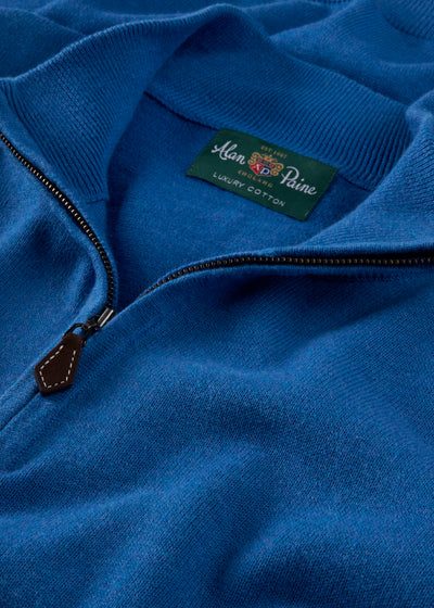 Mens Cotton Cashmere Quarter Zip Jumper in Blue