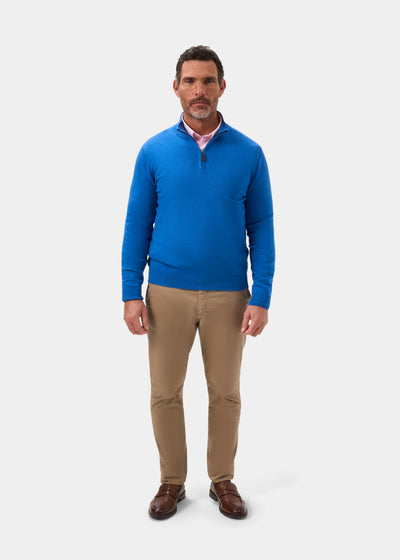 Mens Cotton Cashmere Quarter Zip Jumper in Blue